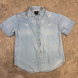 Solutions Original Denim Daisy Embroidered Button Down Shirt Light Wash Large